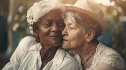 Wall Mural - Old women lesbian couple. marrage Black and Caucasian female bride in love. LGBT pride month celebration generative ai