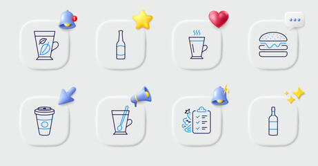 Takeaway coffee, Beer and Mint leaves line icons. Buttons with 3d bell, chat speech, cursor. Pack of Diet menu, Brandy bottle, Latte icon. Burger, Tea mug pictogram. For web app, printing. Vector