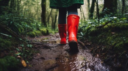 Canvas Print - A person wearing red rain boots walking through a forest. AI generative image. Generative AI