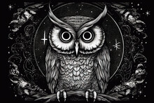 Wild Owl With Mystic Design Elements. Occult Wise Bird Black And White Symbol In Vintage Style. Generated AI
