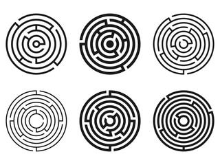Set of simple black round labyrinths isolated on white background. Illustration on transparent background