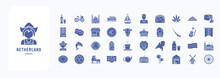 A Collection Sheet Of Solid Icons For Netherland, Including Icons Like Beer, Bicycle, Canal, Boat And More