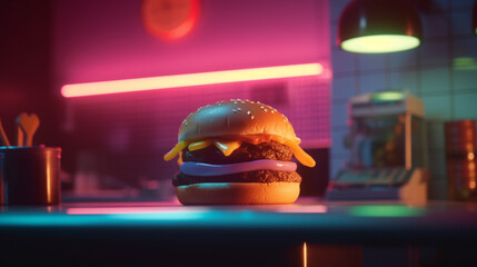 Sticker - Burger on a retro neon kitchen background Generative AI 