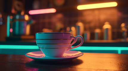 Poster - Cup of coffee on a retro neon kitchen background Generative AI 