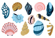Sea Shell, Sink Cartoon Set. Ocean Exotic Underwater Seashell Conch Aquatic Mollusk, Sea Spiral Snail, Marine Starfish Collection. Tropical Beach Shells Nature Aquatic Water Flat Design Illustration