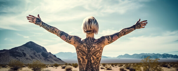 Naked tattooed blonde woman raising her arms to the sky, showing her independent spirit against the backdrop of a paradisiacal landscape. Her tattoo visible on her back. Generative AI