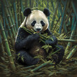 panda sitting and eating bamboo, with green foliage in the background