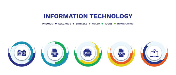 set of information technology filled icons. information technology filled icons with infographic template. flat icons such as plugin, php, programming language, xml, simulation vector.