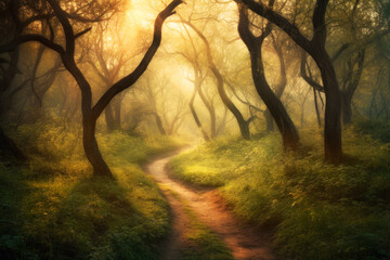 Wall Mural - footpath through dreamy enchanted forest with sun rays shining through tree canopies. magical landsc