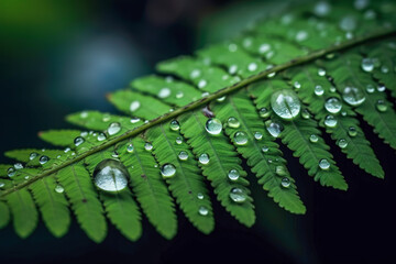 Wall Mural - Water drops on a fern leaf in the rain, natural background. Generative AI