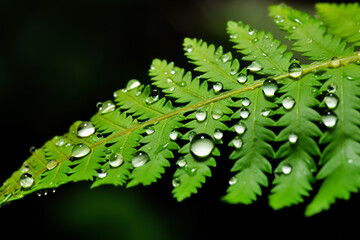 Wall Mural - Water drops on a fern leaf in the rain, natural background. Generative AI