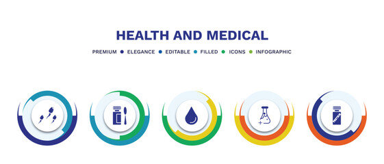 Wall Mural - set of health and medical filled icons. health and medical filled icons with infographic template. flat icons such as sperm, syrup, blood, medical substance, proteins vector.