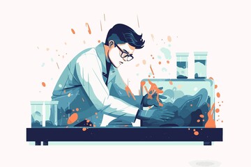 Wall Mural - Scientist man in lab coat and glasses making experiment in chemical laboratory. Vector illustration