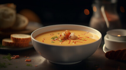 Wall Mural - Lobster bisque with creamy soup and chunks of lobster Generative AI 