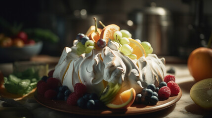 Wall Mural - Pavlova with fresh fruit Generative AI 