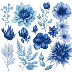 Vector Set of Beautiful Blue Flowers, including Roses, Leaves, Floral Bouquets, and Compositions in Watercolor Style