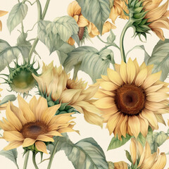 Wall Mural - Seamless Watercolor Sunflower Pattern, Repeating Floral Background, Generative AI