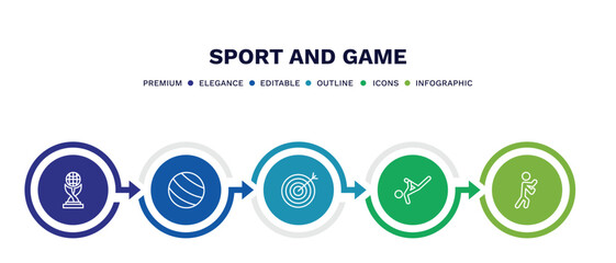 Sticker - set of sport and game thin line icons. sport and game outline icons with infographic template. linear icons such as world cup, exercise ball, bullseye, capoeira, man punching vector.