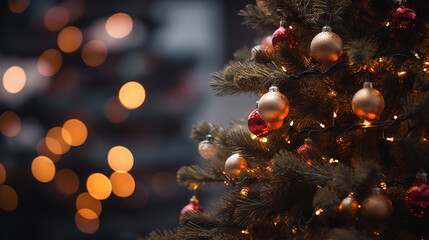 Wall Mural - decorated christmas tree with bokeh background. generative ai