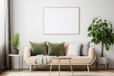 Fototapeta  - Minimalist Living Room with Blank Horizontal Poster Frame and Geometric Accents