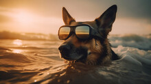 Hot Summer 2023. German Shepherd Wearing Sunglasses Swimming In The Sea. Holidays 2023. Generative AI.