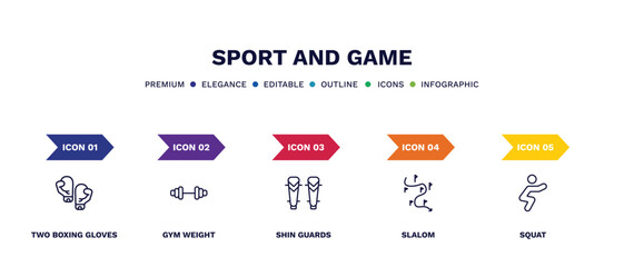 Sticker - set of sport and game thin line icons. sport and game outline icons with infographic template. linear icons such as two boxing gloves, gym weight, shin guards, slalom, squat vector.