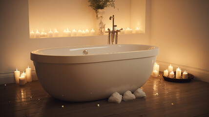 Wall Mural - a white bathtub in a living room with candle. Generative Ai