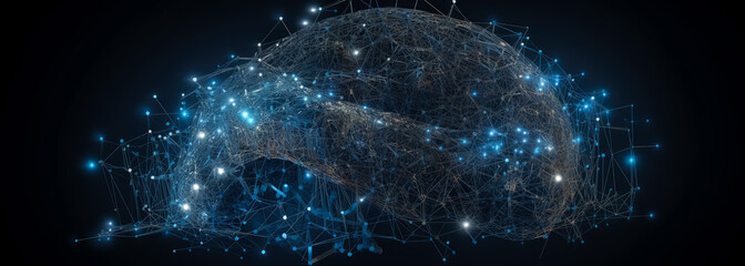 The brain is connected with different lines on a dark background, in the style of futuristic spacecraft design.  Human psyche, digital reality with brains, luminous spheres. Generative Ai. 
