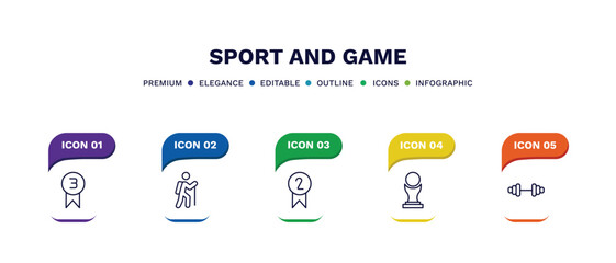 Sticker - set of sport and game thin line icons. sport and game outline icons with infographic template. linear icons such as third, trekking, second prize, brazilian, gym weight vector.