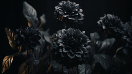 Sticker - Black paper flowers on Black background Generative AI 