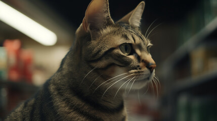 Poster - Cat at the supermarket cinematic style single shot Generative AI 