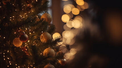 Wall Mural - decorated christmas tree with bokeh background. generative ai