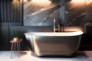 Salle de bain moderne avec baignoire, marbre noir et bois, décors luxueux, végétal, et élégant, grand miroir