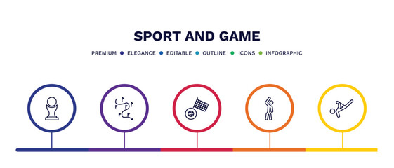 Wall Mural - set of sport and game thin line icons. sport and game outline icons with infographic template. linear icons such as brazilian, slalom, motor sports, left bend, capoeira vector.