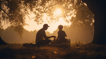 Poster - Silhouette of father and son having a picnic Generative AI 