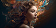 canvas print picture - Gesicht einer schönen Frau mit fliegenden Haar im Blumenmeer Nahaufnahme, ai generativ