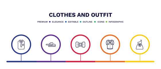 Wall Mural - set of clothes and outfit thin line icons. clothes and outfit outline icons with infographic template. linear icons such as collarless cotton shirt, sleepers, bow tie, denim shirt, one shoulder