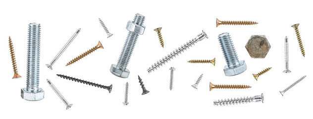 Wall Mural - Set of different screws and bolts isolated on a white background, top view.