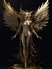 A stunning golden angel with wings standing on a dark background, representing a divine light. Behold the beauty of this AI generative artwork