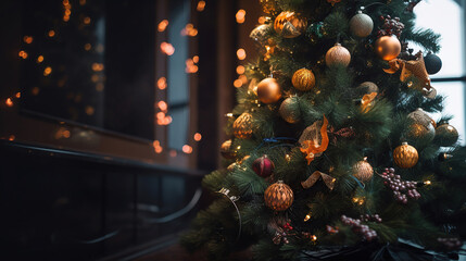 Wall Mural - Decorated christmas tree with bokeh background. Generative Ai