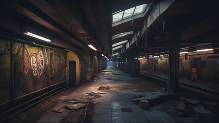 Sticker - A dark and sinister abandoned subway station Generative AI 