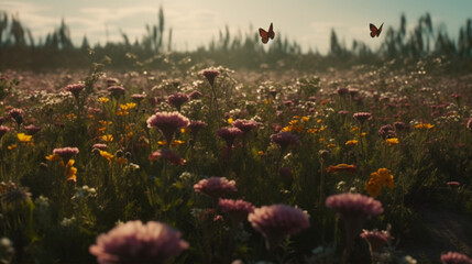 Poster - A field of flowers with a gentle breeze and butterfly Generative AI 