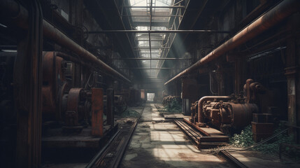 Sticker - A long-abandoned factory with rusted machinery Generative AI 