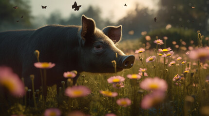 Canvas Print - Pig in a meadow of flowers and butterflies Generative AI 