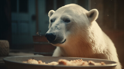 Wall Mural - Polar Bear happy with a bowl of food Generative AI 