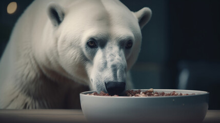 Poster - Polar Bear happy with a bowl of food Generative AI 