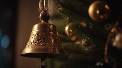 Wall Mural - bell is hanging on the christmas tree. Generative Ai