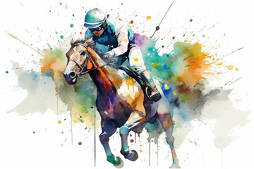  Colorful Abstract racing horse with jockey. Equestrian sport. Illustration of paints. Generative AI.