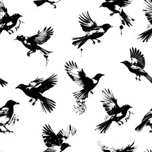 Black And White Seamless Pattern With Flying Birds. Flying Magpies. Vector Illustration
