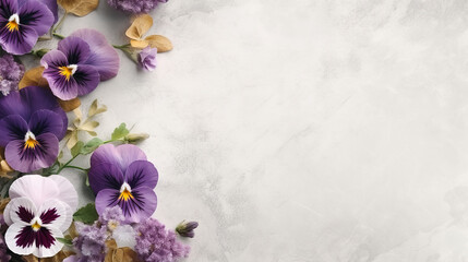 banner background with pansy and decor. high angle beautiful pansy arrangement with empty space to w
